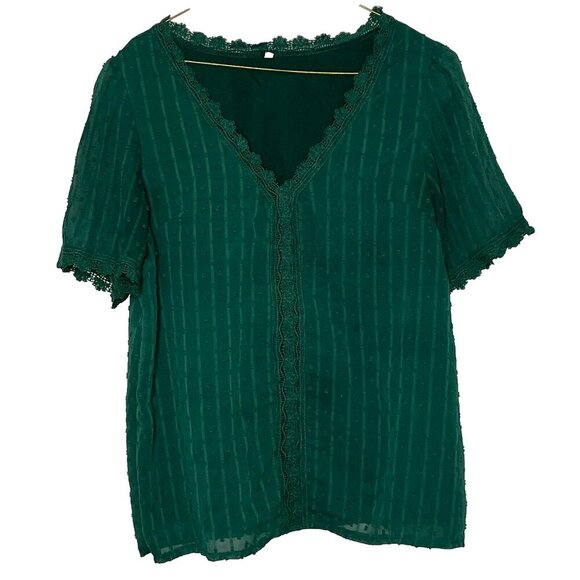 Farysays Top sz L V Neck Sheer Lined Crochet Trim Forest Fairy Dark Green - Picture 1 of 7